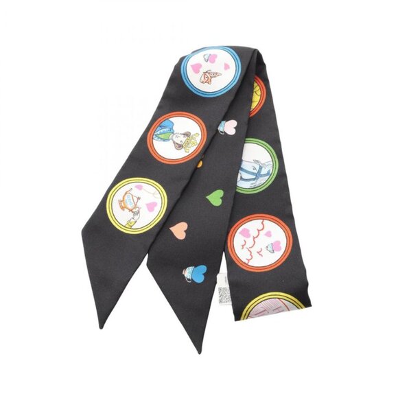 Hermes Scarf Twill Tea Time Black Silk Black Multicolor